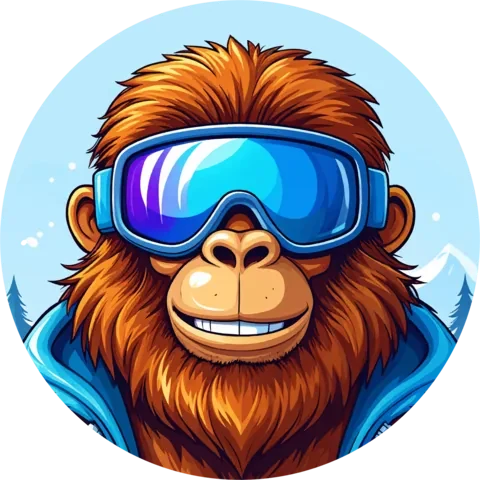 Bigfoot sticker: a smiling, shaggy Bigfoot in blue ski goggles and a ski jacket.